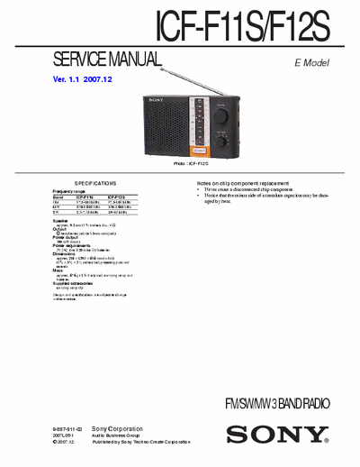 Sony ICFF11S, ICFF12S portable radio