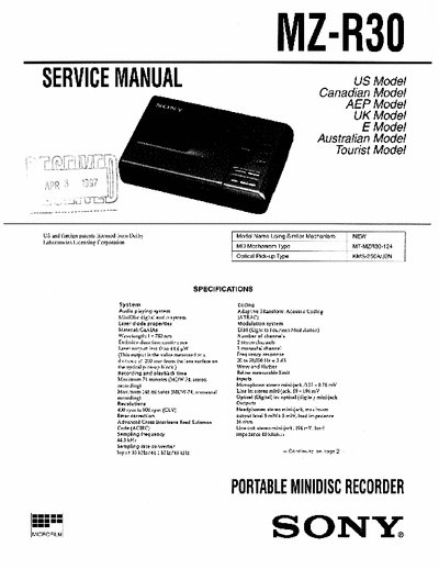 Sony MZ-R30 Service Manual