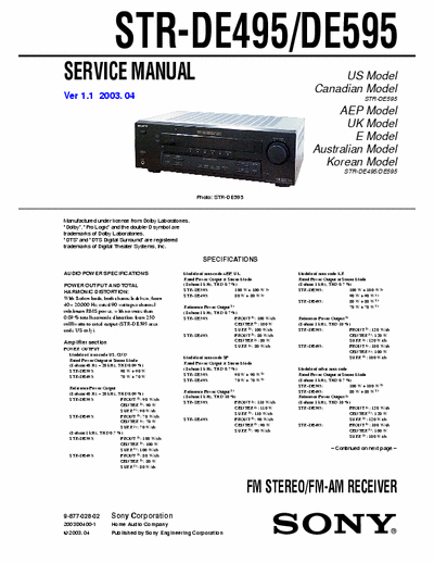 Sony STRDE485, STRDE595 receiver