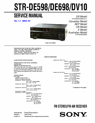 Sony STRDE598, STRDE698 receiver