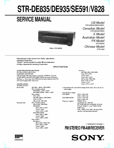 Sony STRDE835, STRDE935, STRSE591, STRV828 receiver