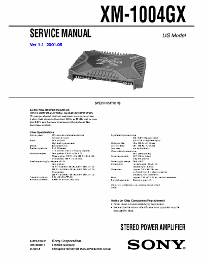 Sony XM1004GX car amplifier (all files: //www.eserviceinfo.com/service_manual/datasheets_a_0.html )