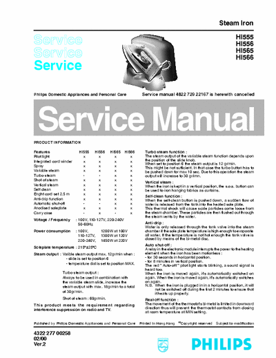 Philips Domestic App. HI555, HI556, HI565, HI566 Service Manual Domestic Appliances and Personal Care 1.200/1.450W [Ver.2] - pag. 7