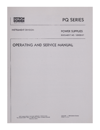 Systron-Donner PQ20-2 Operating and Service Manual for PQ Series of Power Supplies