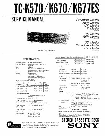 SONY TC-K570 Service Manual of SONY Compact Cassette Deck TC-K570, TC-K670, TC-K677ES (TC-K620 and K650ES using same mechanism