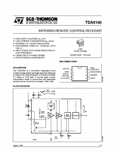 Thomson TDA8160 INFRARED REMOTE CONTROL RECEIVER