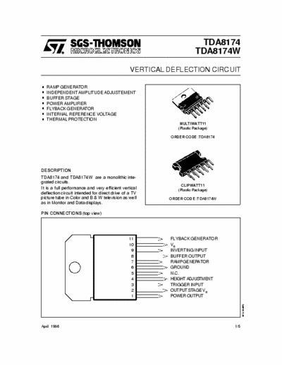 SGS-Thomson TDA8174 VERTICAL DEFLECTION CIRCUIT