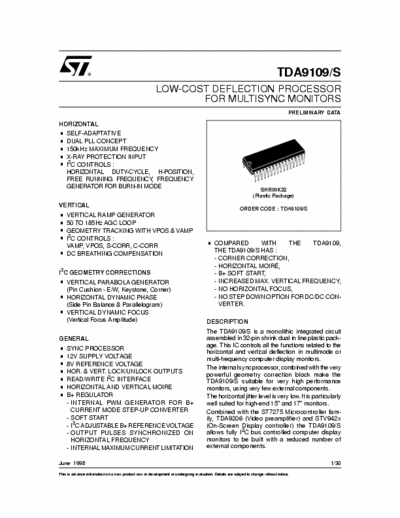 ST TDA9109 Low-cost deflection processor for multisync monitors