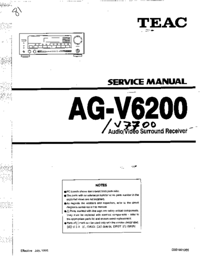 TEAC AG-V6200/V7700 Service manual for V6200/V7700 Home Theater Receiver.  Block diagram is missing on connector, and some of the connectors have different labels for the V7700 model.