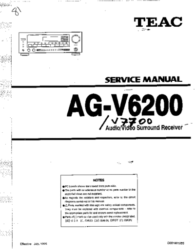 TEAC AG-V6200/V7700 Service manual for V6200/V7700 Home Theater Receiver. Block diagram is missing on connector, and some of the connectors have different labels for the V7700 model.