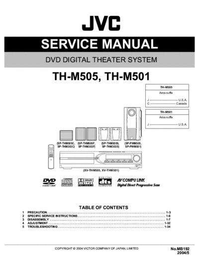 JVC TH-M501 3 files, total 107 page service manual / data for JVC DVD digital theater system model # TH-M501 & TH-M505.
