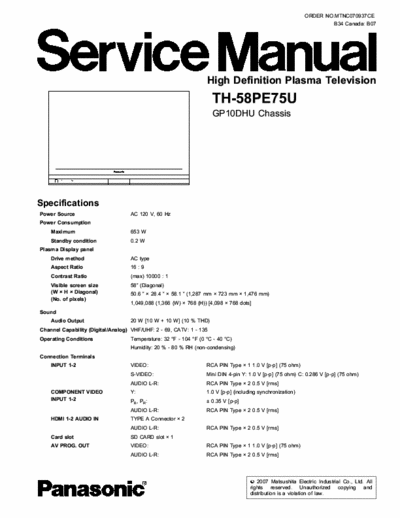 Panasonic TH-58PE75U High Definition Plasma Television Service Manual