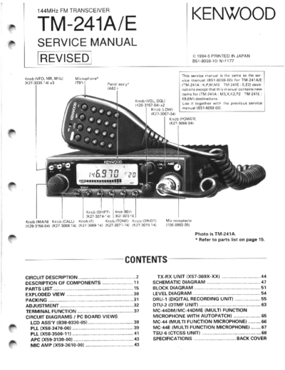 Kenwood TM-241 TM-241A/E Kenwood Service Manual. Heavy files were not uploaded. /Manual de reparación del Kenwood TM241A. Archivos pesados no fueron cargados.