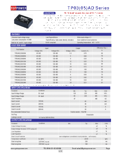 TOPPOWER TP03AD,TP05AD 3W-5W AC-DC CONVERTERS