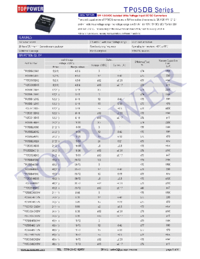 TOPPOWER TP05DB TOPPOWER can produce:
 0.1W-400W DC-DC converters,1W-30W AC-DC converters,(SIP/DIP/SMD)
TOPPOWER quality : ISO9001:2015, IATF16949:2016
accept OEM orders.