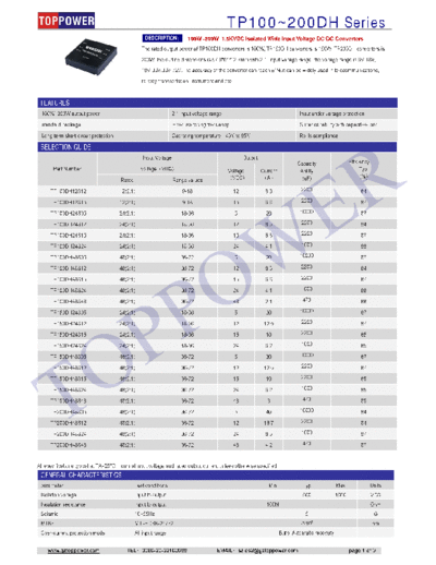 TOPPOWER TP100DH,TP150DH,TP200DH 100W 150W 200W 1.5K isolated DC-DC converters