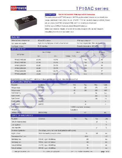 TOPPOWER TP10AC AC-DC CONVERTERS 10W 4KVAC ISOLATED