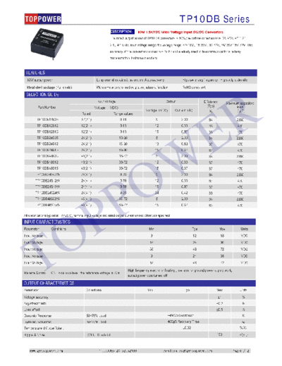 TOPPOWER TP10DB 10W 1.5KVDC Wide Voltage Input DC/DC Converters
10W output power	Long-term short-circuit protection, Auto recovery	High switching frequency , High output density
Metal shell package	With remote control and output adjustment function	RoHS compliant
SELECTION GUIDE
Part Number	Input Voltage	Output	Efficiency
(Typ)
%	Maximum capacitive load
（u F)
	Voltage （VDC)	Voltage（VDC)	Current（A）		
	Rated	Range values				
TP10DB12S05	12(2:1)	9-18	5	2.00	84	2200
TP10DB12S12	12(2:1)	9-18	12	0.83	86	470
TP10DB12S15	12(2:1)	9-18	15	0.67	86	470
TP10DB24S05	24(2:1)	18-36	5	2.00	84	2200
TP10DB24S12	24(2:1)	18-36	12	0.83	87	470
TP10DB24S15	24(2:1)	18-36	15	0.67	87	470
TP10DB48S05	48(2:1)	36-72	5	2.00	84	2200
TP10DB48S12	48(2:1)	36-72	12	0.83	87	470
TP10DB48S15	48(2:1)	36-72	15	0.67	87	470
TP10DB24S05W	24(4:1)	9-36	5	2.00	84	2200
TP10DB24S12W	24(4:1)	9-36	12	0.83	87	470
TP10DB24S15W	24(4:1)	9-36	15	0.67	87	470
TP10DB24S24W	24(4:1)	9-36	24	0.42	86	470
TP10DB48S05W	48(4:1)	18-72	5	2.00	84	2200
TP10DB48S15W	48(4:1)	18-72	15	0.67	83	470

All specifications typical at TA=25C, nominal input voltage and rated output current unless otherwise specified
INPUT CHARACTERISTICS
Parameter	Conditions	Min	Typ	Max	Units