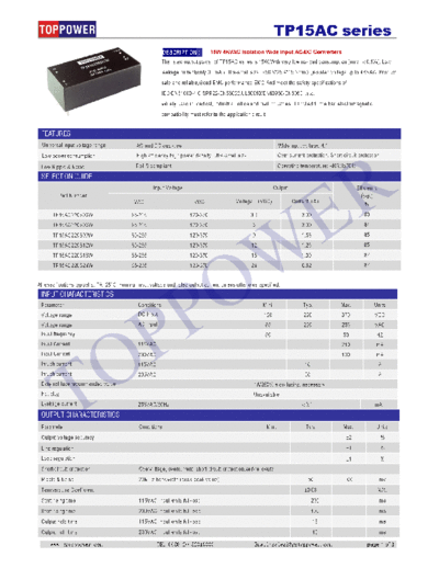 TOPPOWER TP15AC TOPPOWER can produce:
 0.1W-40W DC-DC converters,3W-30W AC-DC converters,
25W-1200W Enclosed /Open frame type AC-DC Switching Power supply,
15-480W AC-DC DIN RAIL Power Supply.