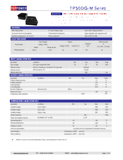 TOPPOWER TP50DG 50W 1.5KVDC ISOLATED DC-DC CONVERTERS