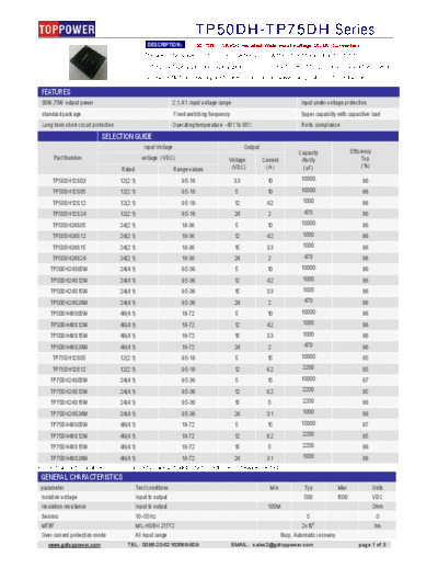 TOPPOWER TP50DH,TP75DH 50W 75W 1.5K isolated DC-DC converters