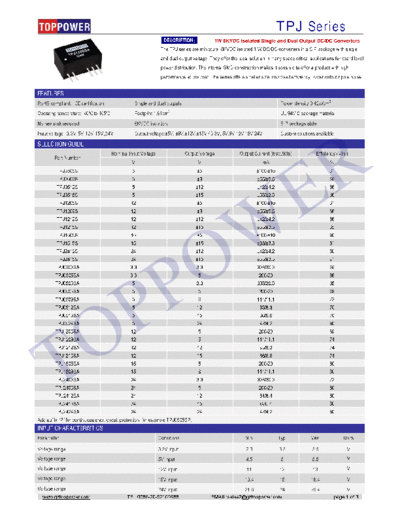 TOPPOWER TPJ 1W 6KVDC Isolated Single and Dual Output DC/DC Converters
The TPJ series are miniature, 6KVDC isolated 1 W DC/DC-converters in a SIP package with single and dual output voltage. They offer the ideal solution in many space critical applications for board level power distribution. The internal SMD construction makes it possible to offer a product with high performance at low cost. The series offers smaller size, improved efficiency, lower output ripple noise.
Part Number Nominal Input Voltage Output Voltage
V V
TPJ0505S 5 ±5
TPJ0509S 5 ±9
TPJ0512S 5 ±12
TPJ0515S 5 ±15
TPJ1205S 12 ±5
TPJ1209S 12 ±9
TPJ1212S 12 ±12
TPJ1215S 12 ±15
TPJ1505S 15 ±5
TPJ1515S 15 ±15
TPJ2412S 24 ±12
TPJ2415S 24 ±15
TPJ0303SA 3.3 3.3
TPJ0305SA 3.3 5
TPJ0503SA 5 3.3
TPJ0505SA 5 5
TPJ0509SA 5 9
TPJ0512SA 5 12
TPJ0515SA 5 15
TPJ0524SA 5 24
TPJ1205SA 12 5
TPJ1209SA 12 9
TPJ1212SA 12 12
TPJ1215SA 12 15
TPJ1505SA 15 5
TPJ1509SA 15 9
TPJ2403SA 24 3.3
TPJ2405SA 24 5
TPJ2412SA 24 12
TPJ2415SA 24 15
TPJ2424SA 24 24