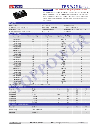 TOPPOWER TPR-W25 0.25w DC/DC CONVERTERS