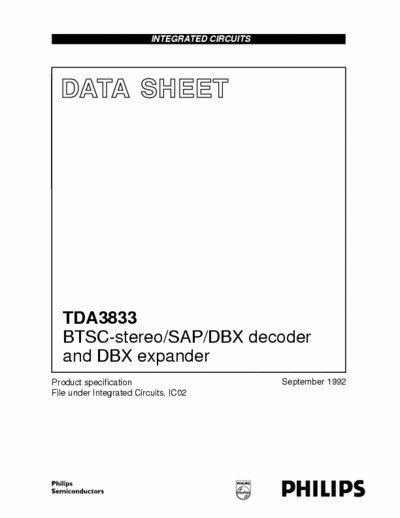 Philips TDA3833 Philips Quality Data Sheet