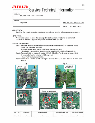 AIWA AM-C80, AM-F80, AM-C75, AM-F75, AM-F72 Service Technical Information - Subject: No Power - pag. 1