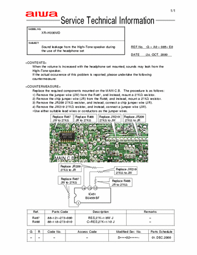 AIWA XR-H330MD Service Technical Information - Subject: Sound leakage from the High Tone speaker during the use of the headphone set - pag. 1