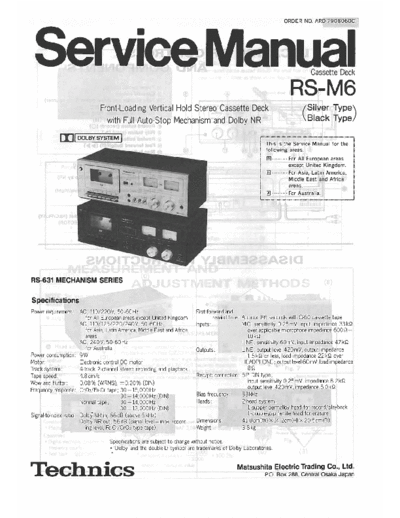 Technics RS-M6 Service manual containing schematic diagrams, parts list and adjustment procedures.
