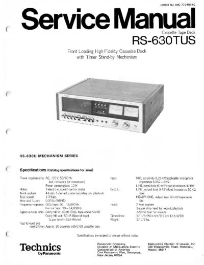 technics RS-630T Cassette Tape Deck Technics RS-630TUS service manual