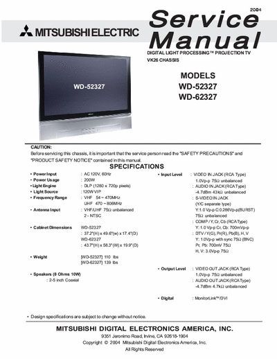 Mitsubishi WD-52327  WD-62327 Service Manual Digital Light Processing Projection Tv, DLP 1280x720 - (3.005Kb) Part 1/2 - pag. 51
