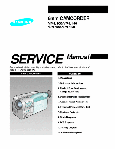 Samsung VP-L100 12 files, total 129 page service manual / data for Samsung 8mm camcorder model #
