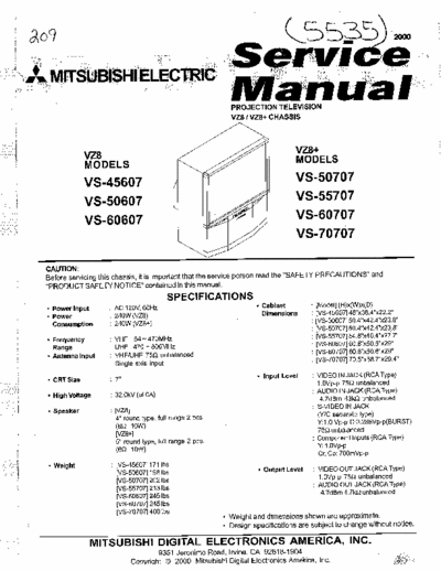 Mitsubishi VS-45607 8 files, total 79 pages, service manual / data for Mitsubishi projection TV model #