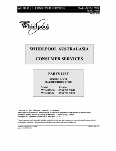 whirlpool WBM12MS whirlpool WBM12MS service manual