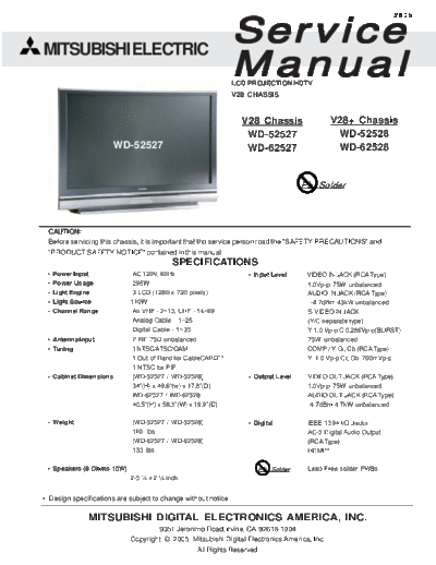 Mitsubishi WD-52527 74 page service manual for Mitsubishi 55 & 65 inch LCD projection HDTV model #