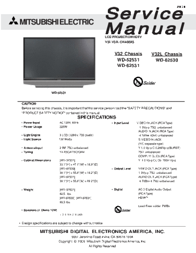 Mitsubishi WD-52531 62531 WD-62530 Service Manual