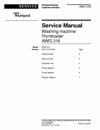 WHIRLPOOL AWG316 Service manual