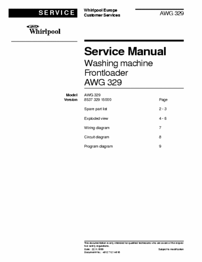 WHIRLPOOL AWG329 Service manual