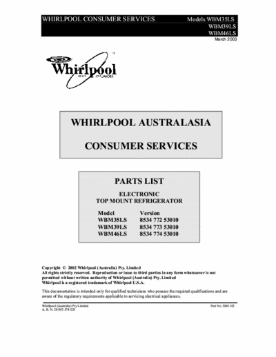 whirlpool WMB35,39,46LS whirlpool WMB35,39,46LS service manual