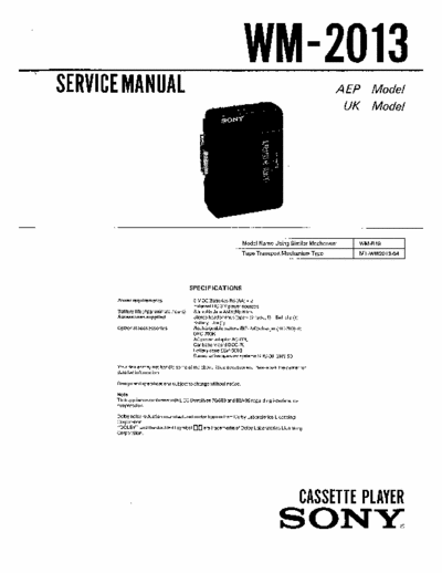 Sony WM-2013 Service Manual for Sony Stereo Cassette Player (Walkman) WM-2013.