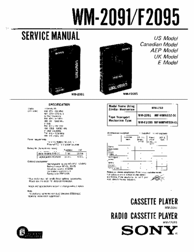 Sony WM-2091 WM-F2095 Service Manual for Sony Stereo Cassette Player (Walkman) WM-2091 WM-F2095.