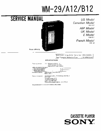 Sony WM-29 WM-A12 WM-B12 Service Manual for Sony Stereo Cassette Player (Walkman) WM-29 WM-A12 WM-B12.