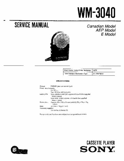 Sony WM-3040 Service Manual for Sony Stereo Cassette Player (Walkman) WM-3040.