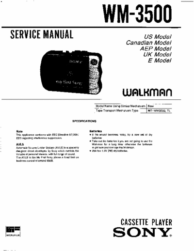 Sony WM-3500 Service Manual for Sony Stereo Cassette Player (Walkman) WM-3500.