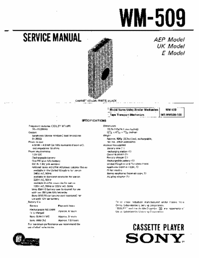 Sony WM-509 Service Manual for Sony Stereo Cassette Player (Walkman) WM-509