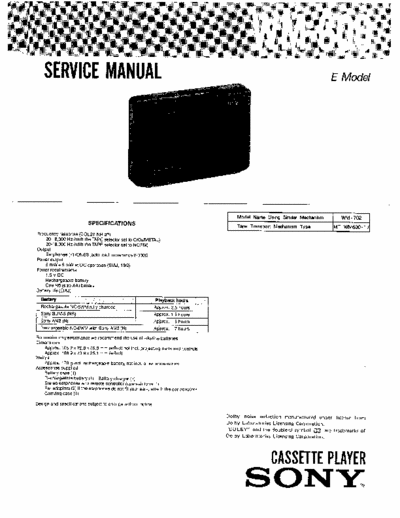 Sony WM-600 Service Manual for Sony Stereo Cassette Player (Walkman) WM-600.
