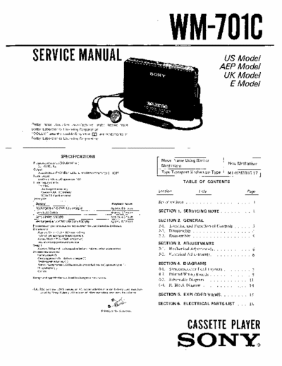 Sony WM-701C Service Manual for Sony Stereo Cassette Player (Walkman) WM-701C.