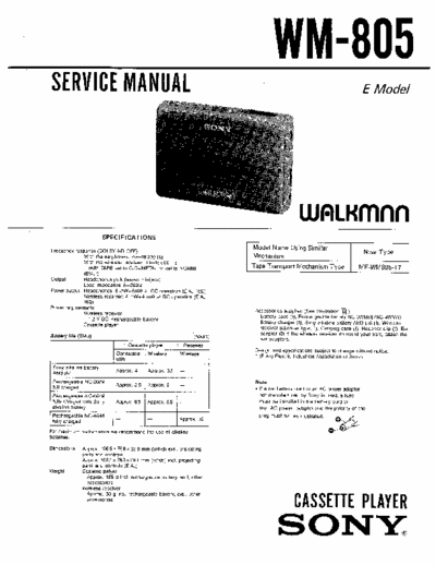 Sony WM-805 Service Manual for Sony Stereo Cassette Player (Walkman) WM-805.